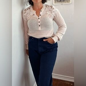 RARE Free People Embroidered Lace Long Sleeve Blouse